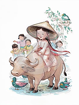 Asian children riding water buffalo