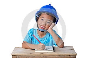 Asian children wearing safety helmet and thinking isolated on white background. Kids and education concept