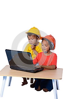 Asian children wearing safety helmet and thinking planer isolated on white background. Kids and education concept