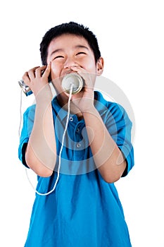 Asian Chinese Boy Playing with Tin Can Phone