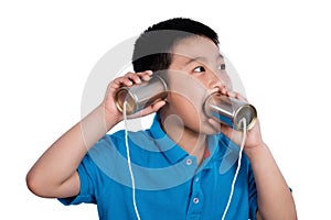 Asian Chinese Boy Playing with Tin Can Phone