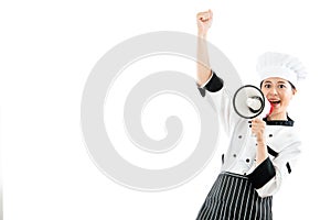 Asian chinese female chef holding the megaphone