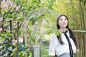 Asian Chinese Happy young cute adorable lovely student youth in a park garden outdoor in summer