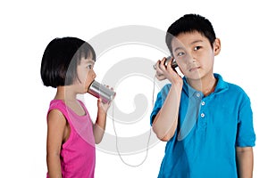 Asian Chinese Kid Playing with Tin Can Phone