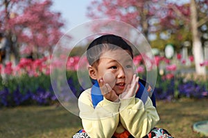 Asian Chinese little boy carry his school bag go to a park on a sunny spring day tulips flowers bloom photo