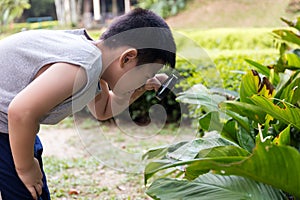 Asian Chinese little boy looking through magnifying glass