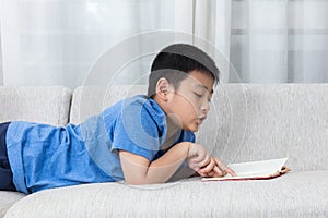 Asian Chinese little boy reading book on the sofa