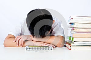 Asian Chinese Little Boy Wearing Student Uniform Sleeping on Desk