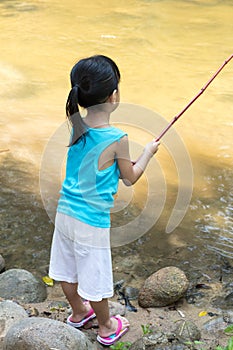 Asian Chinese little girl angling with fishing rod photo