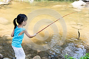 Asian Chinese little girl angling with fishing rod photo