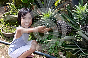Asian Chinese Little Girl holding pineapple on the farm