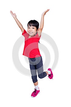 Asian Chinese little girl jumping up and wave her hands