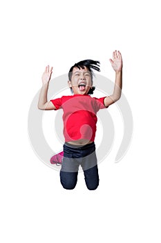 Asian Chinese little girl jumping up and wave her hands