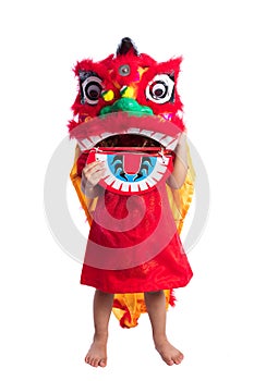 Asian Chinese little girl with Lion Dance costume