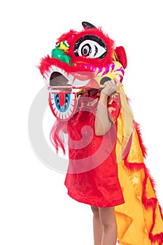 Asian Chinese little girl with Lion Dance costume