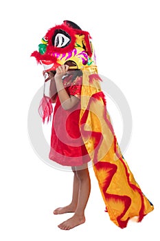 Asian Chinese little girl with Lion Dance costume