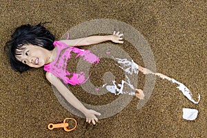 Asian Chinese Little Girl Playing with Sand