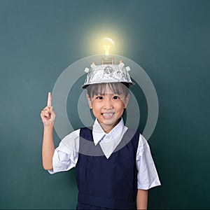 Asian chinese little girl wearing virtual reality helmet and poi