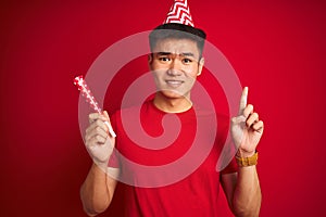 Asian chinese man on birthday celebration wearing funny hat over isolated red background surprised with an idea or question