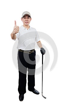 Asian Chinese Man holding Golf Club with thumbs up