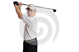 Asian Chinese Man Swinging Golf Club for the shot
