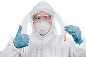 Asian Chinese scientist in protective wear holding test tube