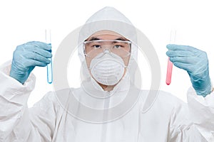 Asian Chinese scientist in protective wear holding test tube