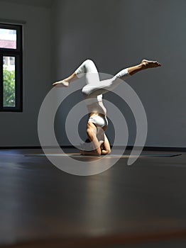 Asian chinese single woman in head stand practising Yoga