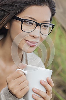 Asian Chinese Woman Girl Drinking Coffee Outside