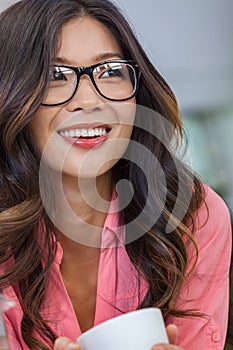 Asian Chinese Woman Girl Wearing Glasses Drinking Coffee