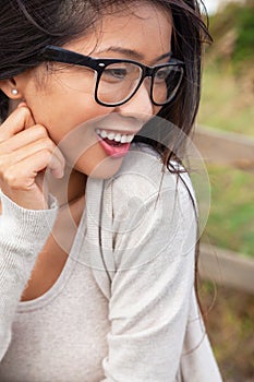 Asian Chinese Woman Girl Wearing Glasses Laughing