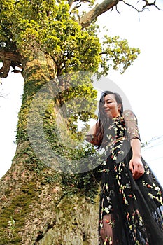 Asian Chinese Young girl dance and pray in front of an old tree