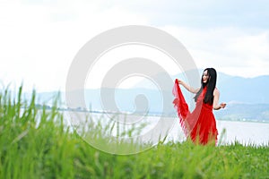 Asian Chinese Young girl walk by beach, enjoy peaceful life