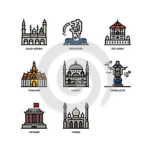 Asian cities and counties landmarks icons set photo