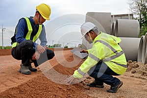 Asian civil engineers touching and inspecting laterite soil for construction improvement base road work. Inspection of each layer