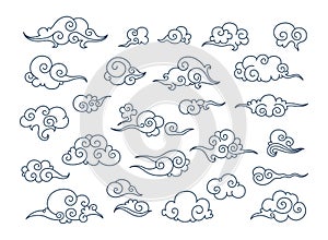 Asian clouds. Chinese oriental ornament japan autumn doodle korean sky decoration traditional vector retro graphic