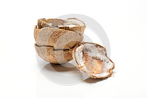 Asian coconut empty shell close up, studio photography isolated.