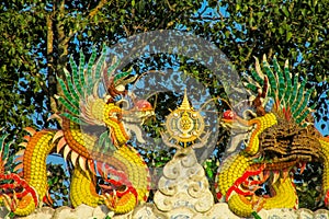 Asian colorful yellow dragon in the chinese temple, China religion