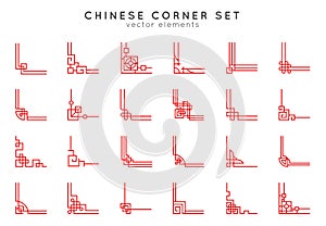 Asian corner set in vintage style on white background. Traditional chinese ornaments for your design. Vector red