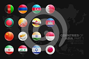Asian Countries Flags Glossy Round Icons Set Isolated On Black Background Part 1