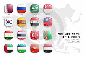 Asian Countries Flags Vector 3D Glossy Icons Set Isolated On White Background Part 3