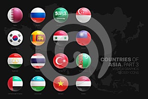 Asian Countries Flags Vector 3D Glossy Round Icons Set Isolated On Black Background Part 3