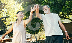 Asian couple, senior and dance in park with smile for date, peace and romance with sunlight. Elderly, man and woman or