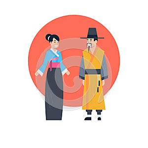 Asian Couple Wearing Ancient Costume Isolated Asian Dress Collection Korea Traditional Clothes Concept