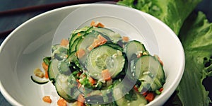 Asian cucumber salad on the white plate. Close up.