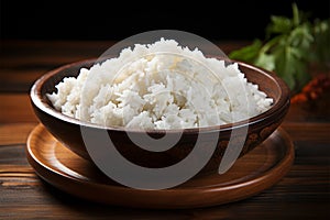 Asian cuisine Steamed rice bowl, traditional and healthy wooden dish