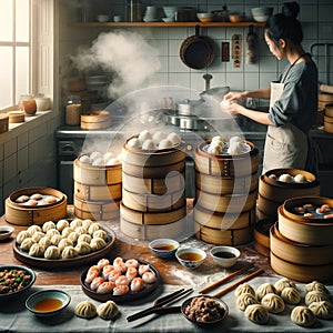 Asian Culinary Delight: Shrimp Dumplings in Bamboo Bowls
