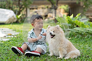 Asian cute baby boy and pomeranian dog siting on green grass