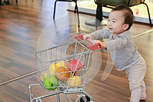 Asian cute baby pushing shopping trolley toy