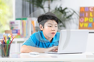 Asian cute boy using laptop computer.